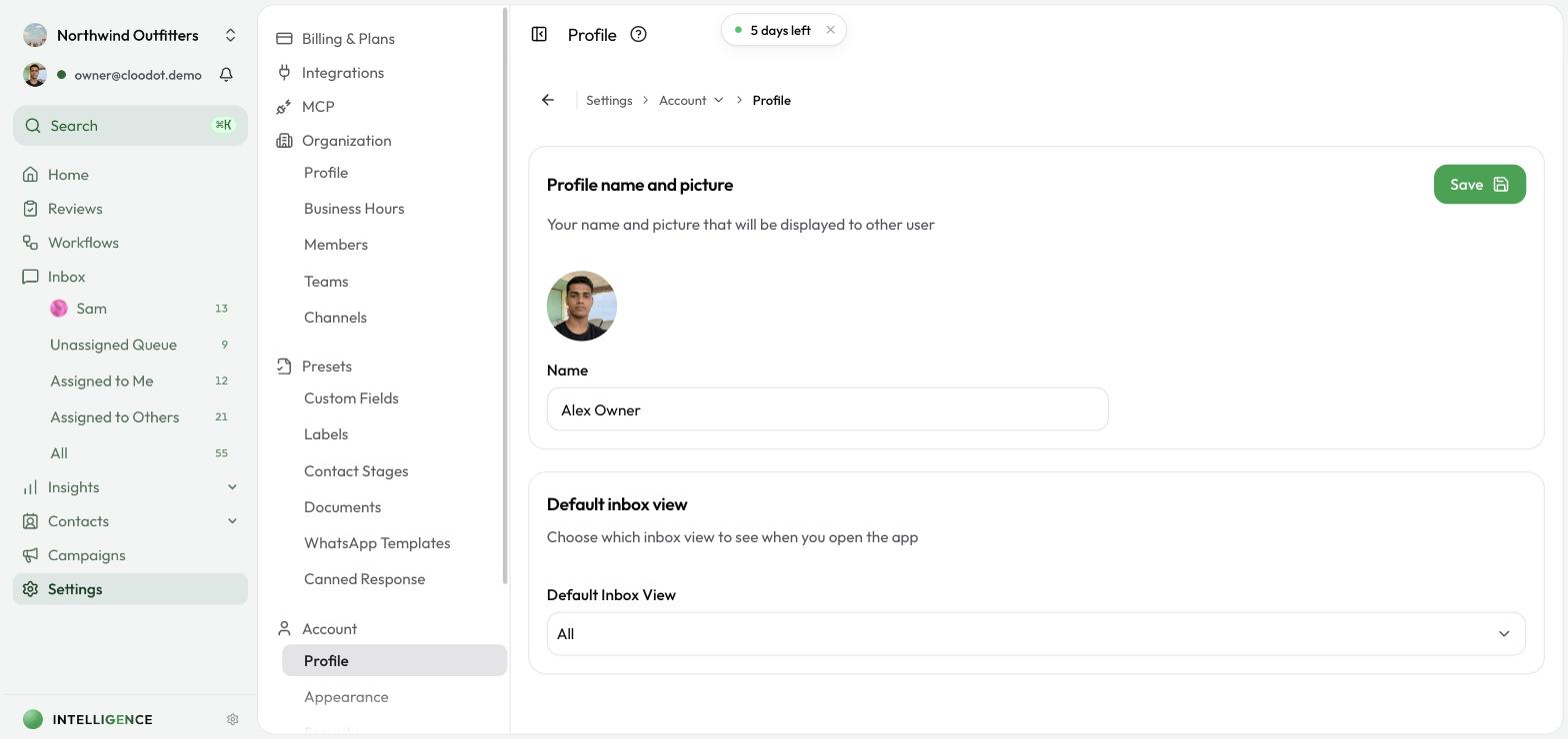Account profile settings showing name, profile picture, and default inbox view