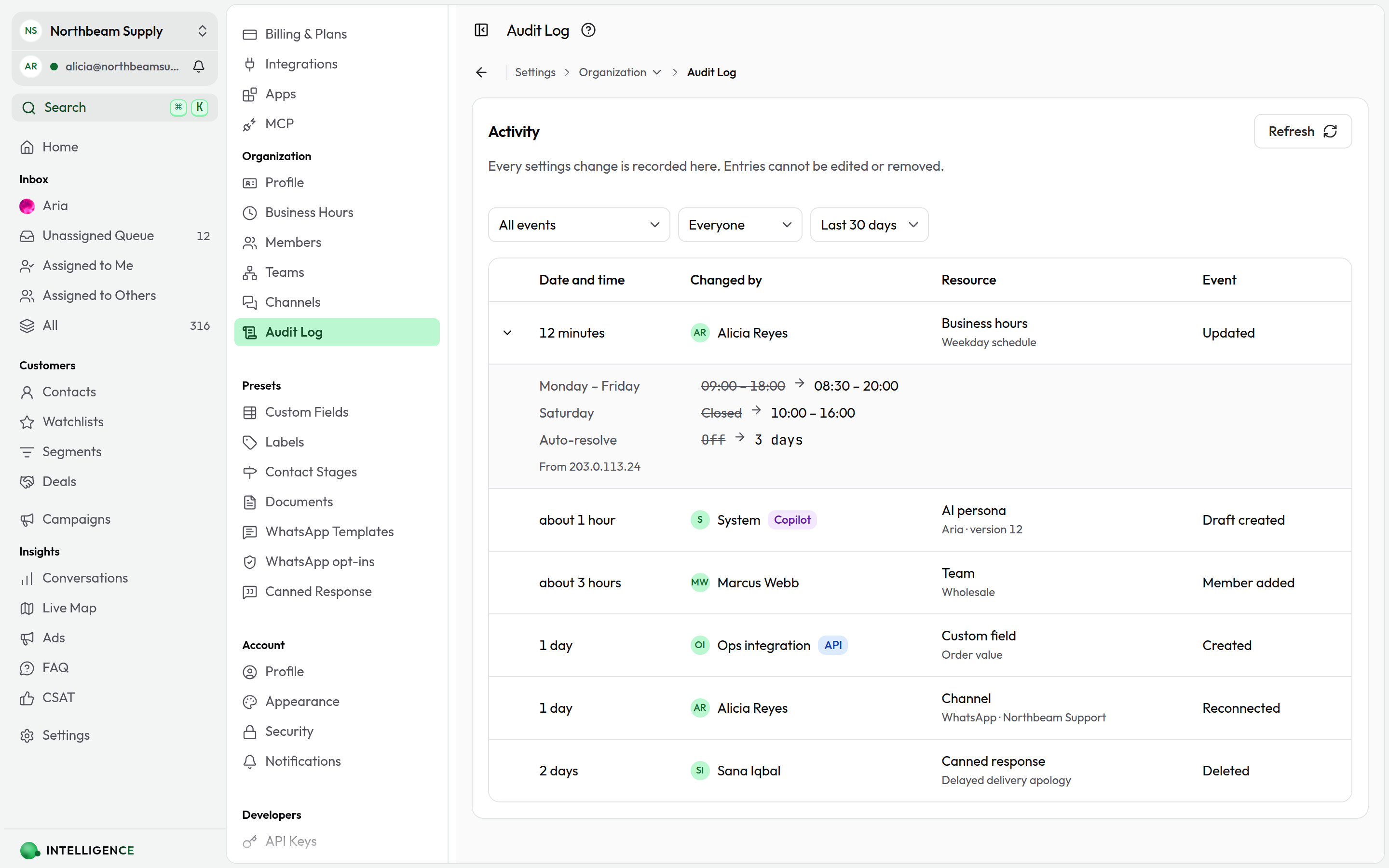 The Audit Log showing settings changes with an expanded row revealing before and after values