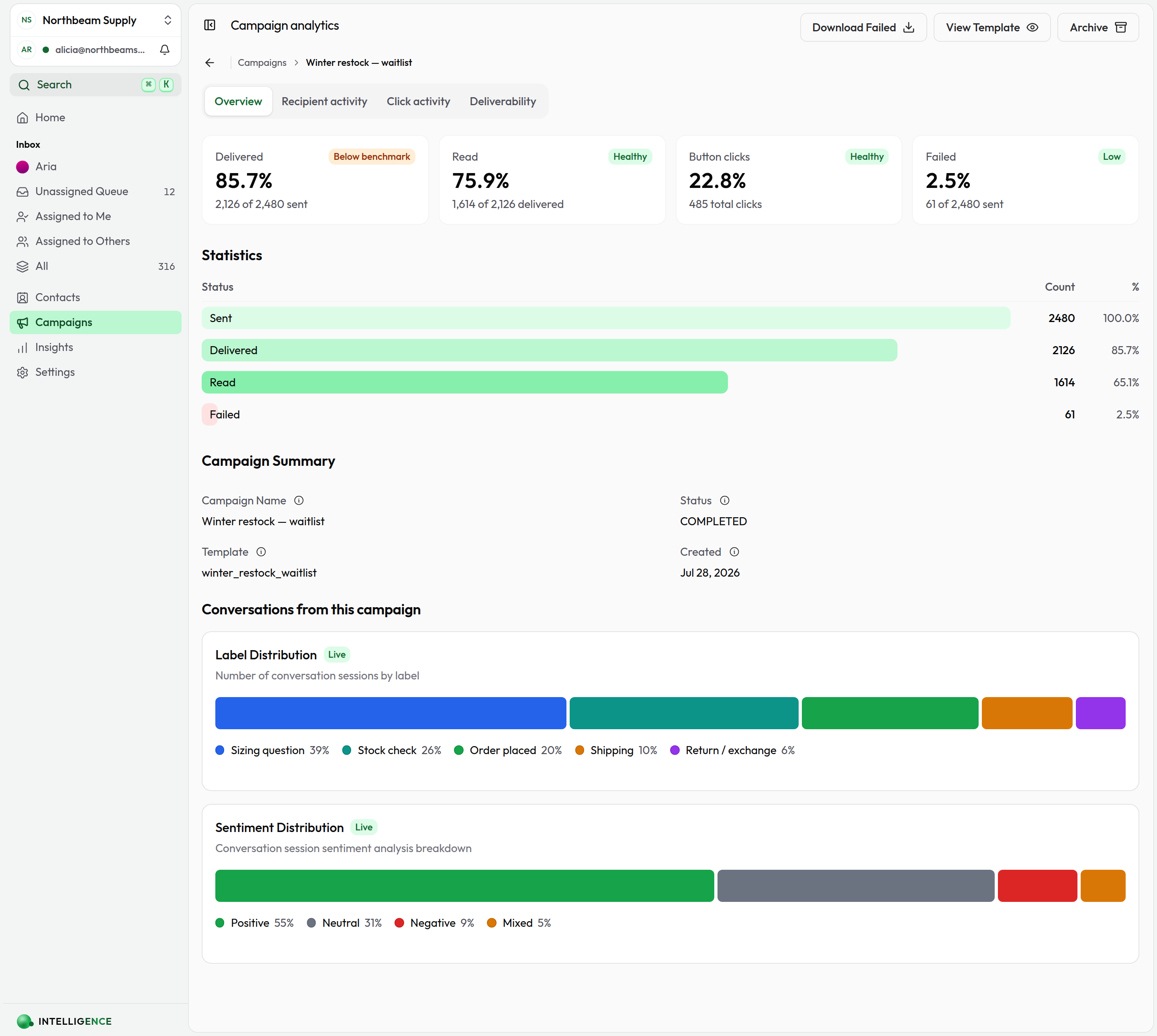 A campaign's Overview tab: the delivery funnel and statistics, then the labels and sentiment of the conversations the send started