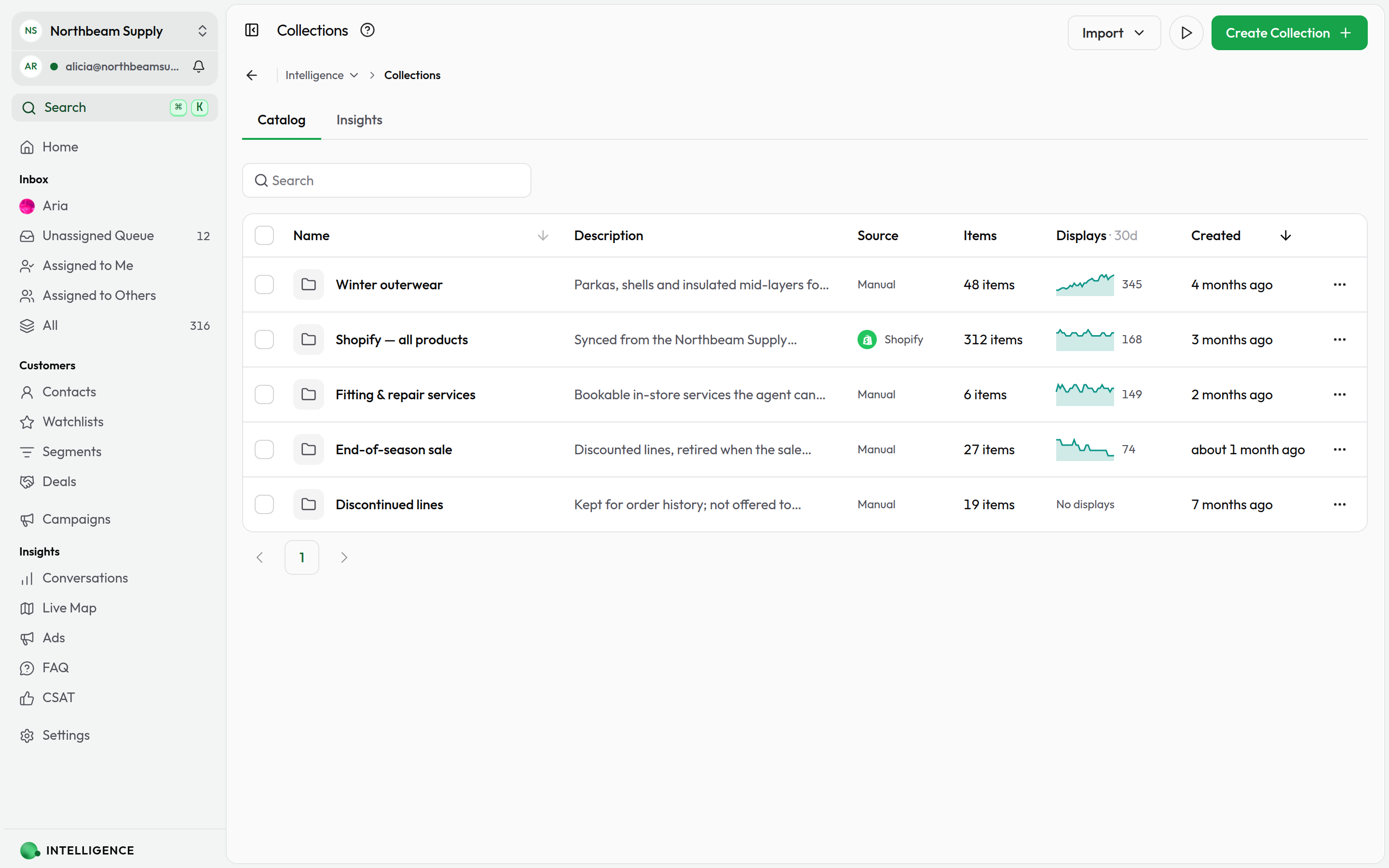The Collections page: a table of collections with their sources, item counts and how often the agent showed each one