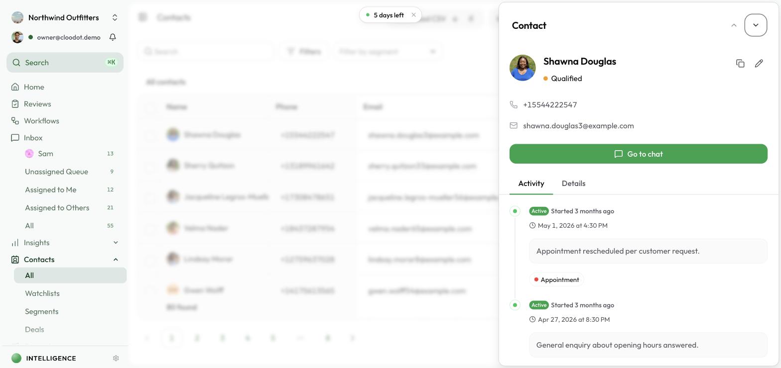The Contact Details drawer showing profile information and an activity timeline