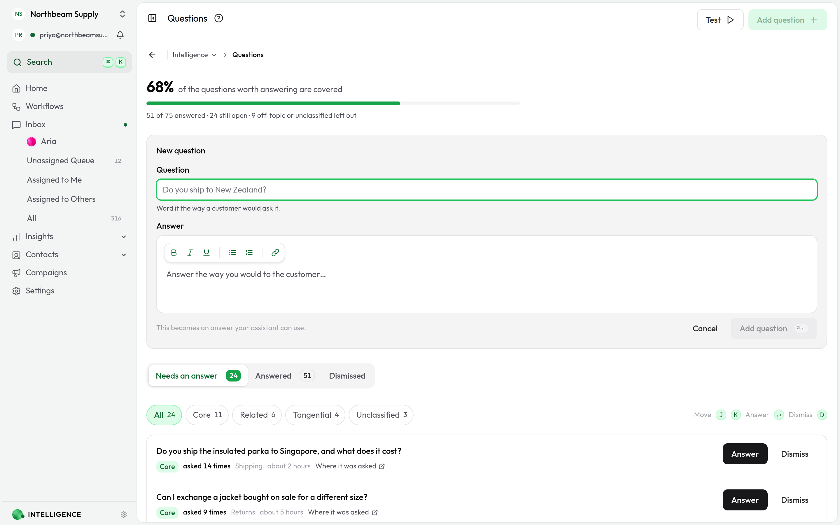 The Questions page with the New question card open, a question field above the answer composer