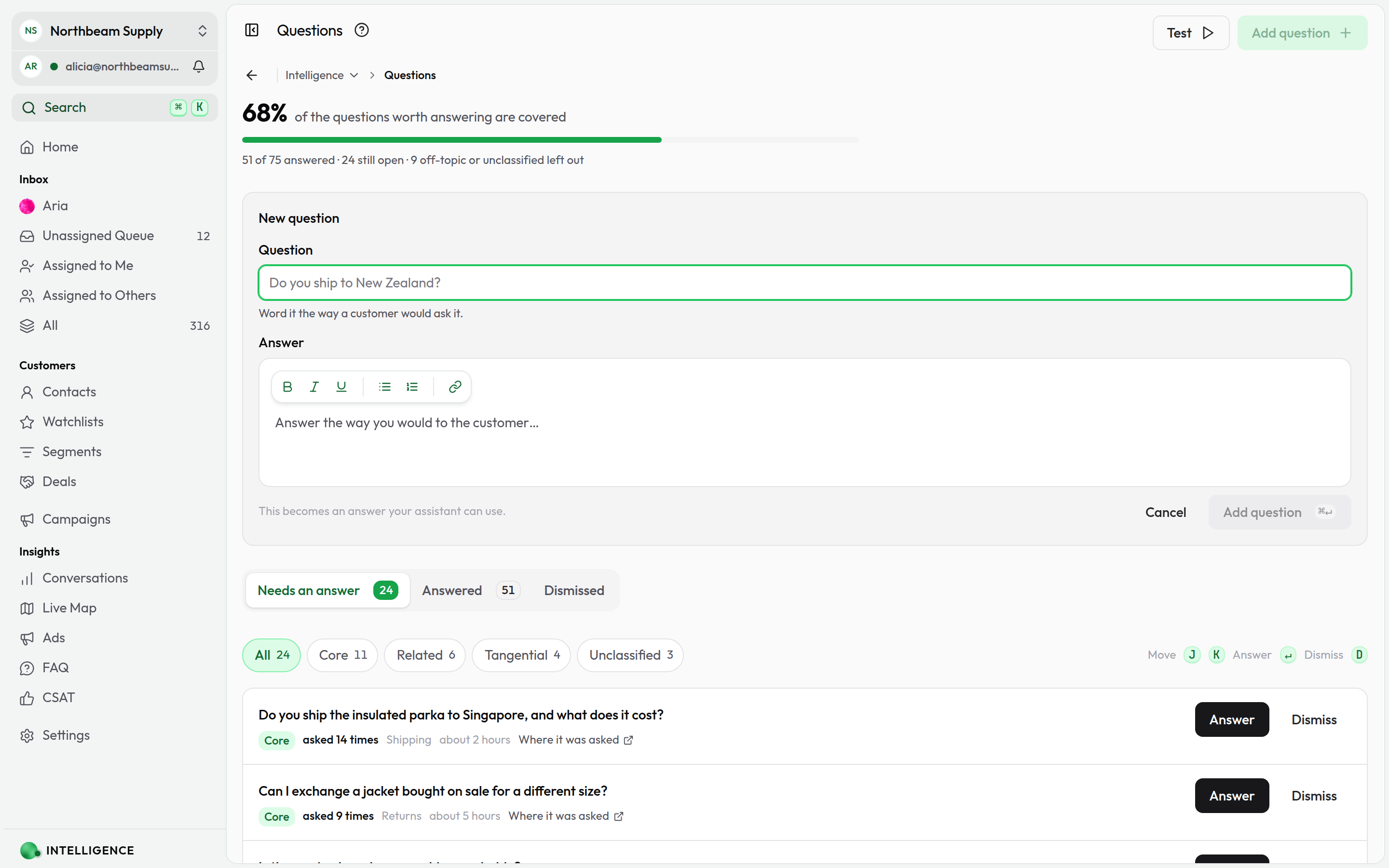 The Questions page with the New question card open, a question field above the answer composer