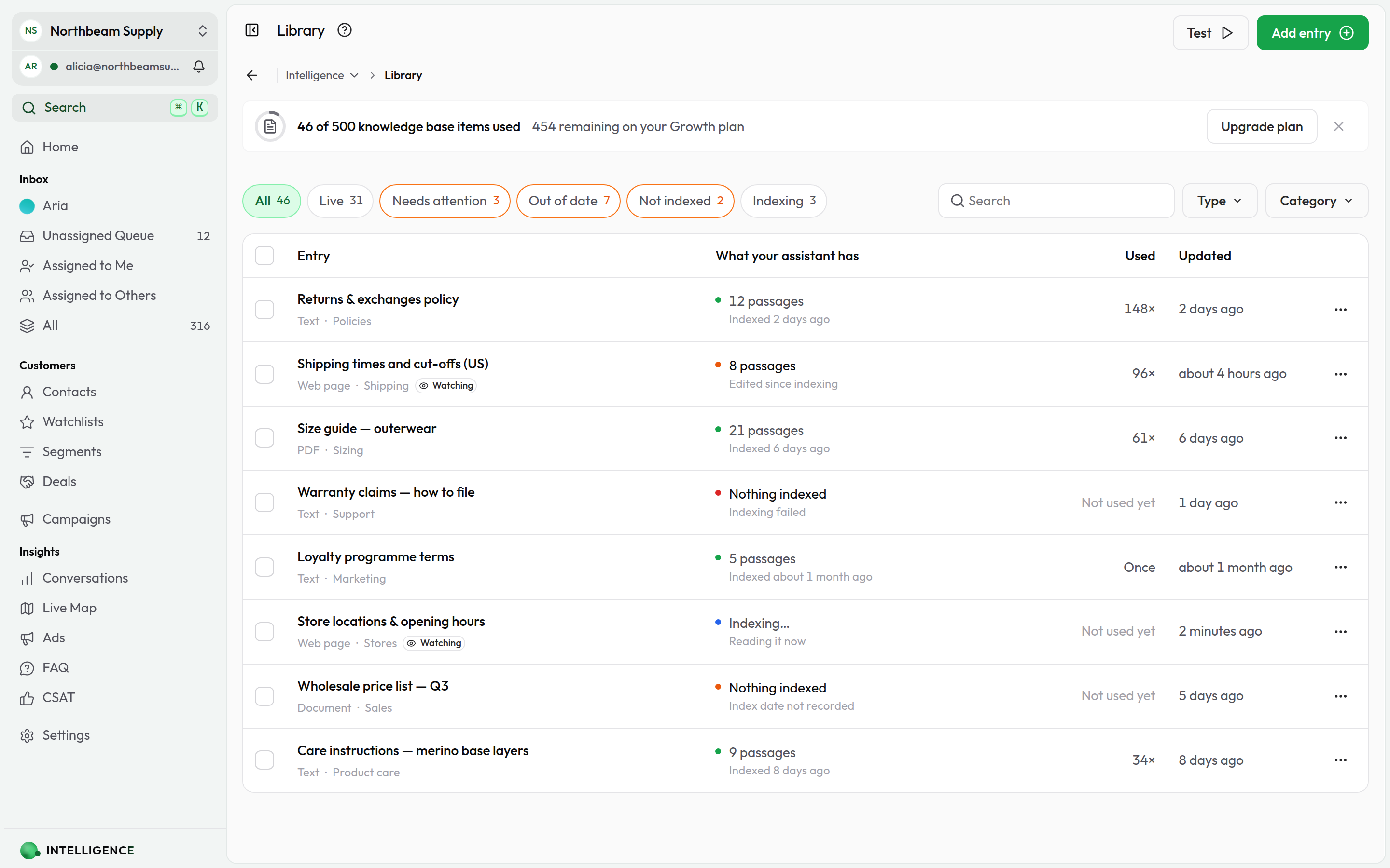 The Knowledge Base library showing each entry's training status, freshness, and how often the agent has cited it
