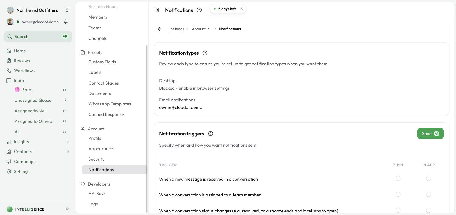 Notification settings showing notification types with push and in-app toggles for each trigger