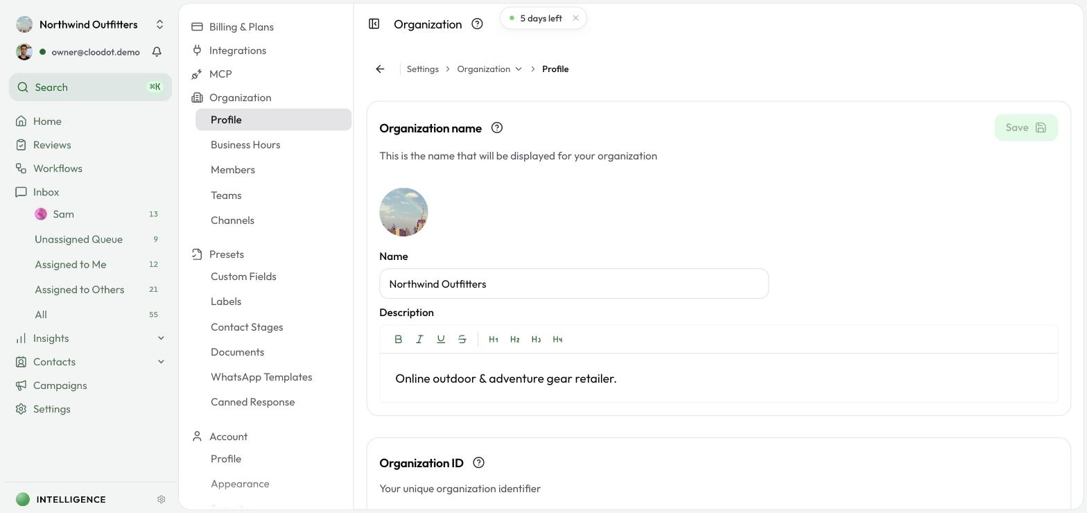The Organization Profile page showing the organization name, description, and organization ID