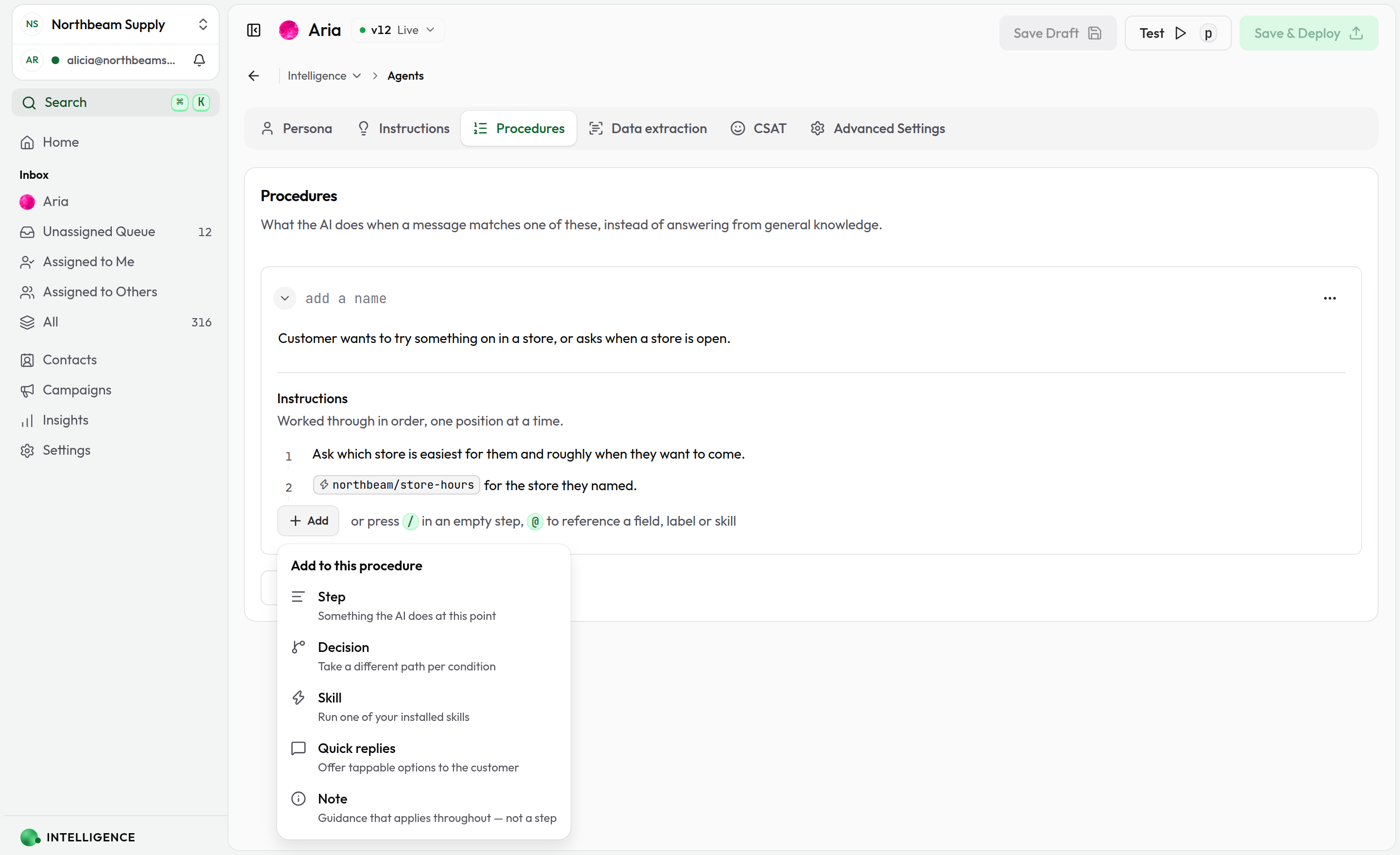 The insert menu open on the five kinds of entry: Step, Decision, Skill, Quick replies and Note