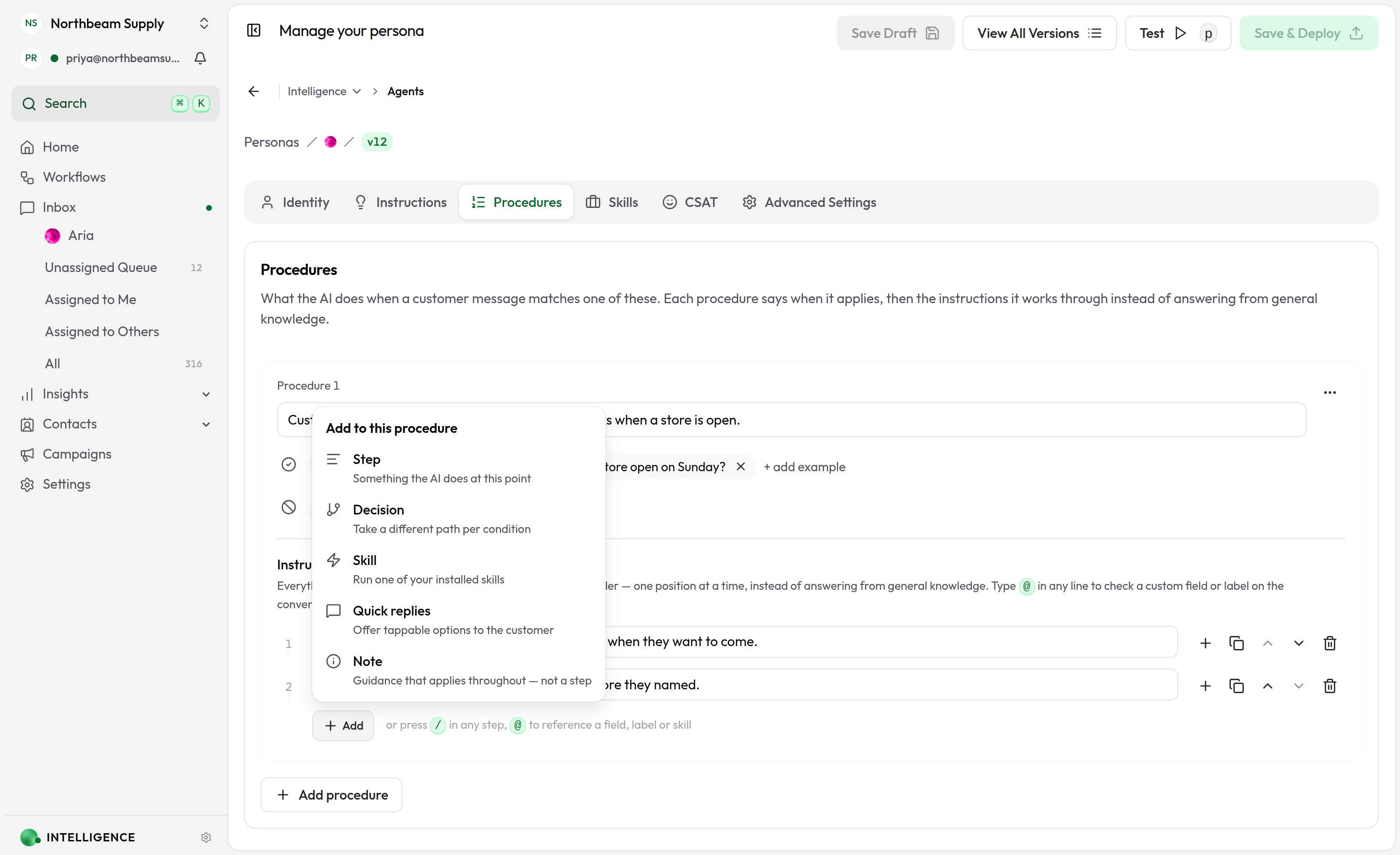 The insert menu open on the five kinds of entry: Step, Decision, Skill, Quick replies and Note