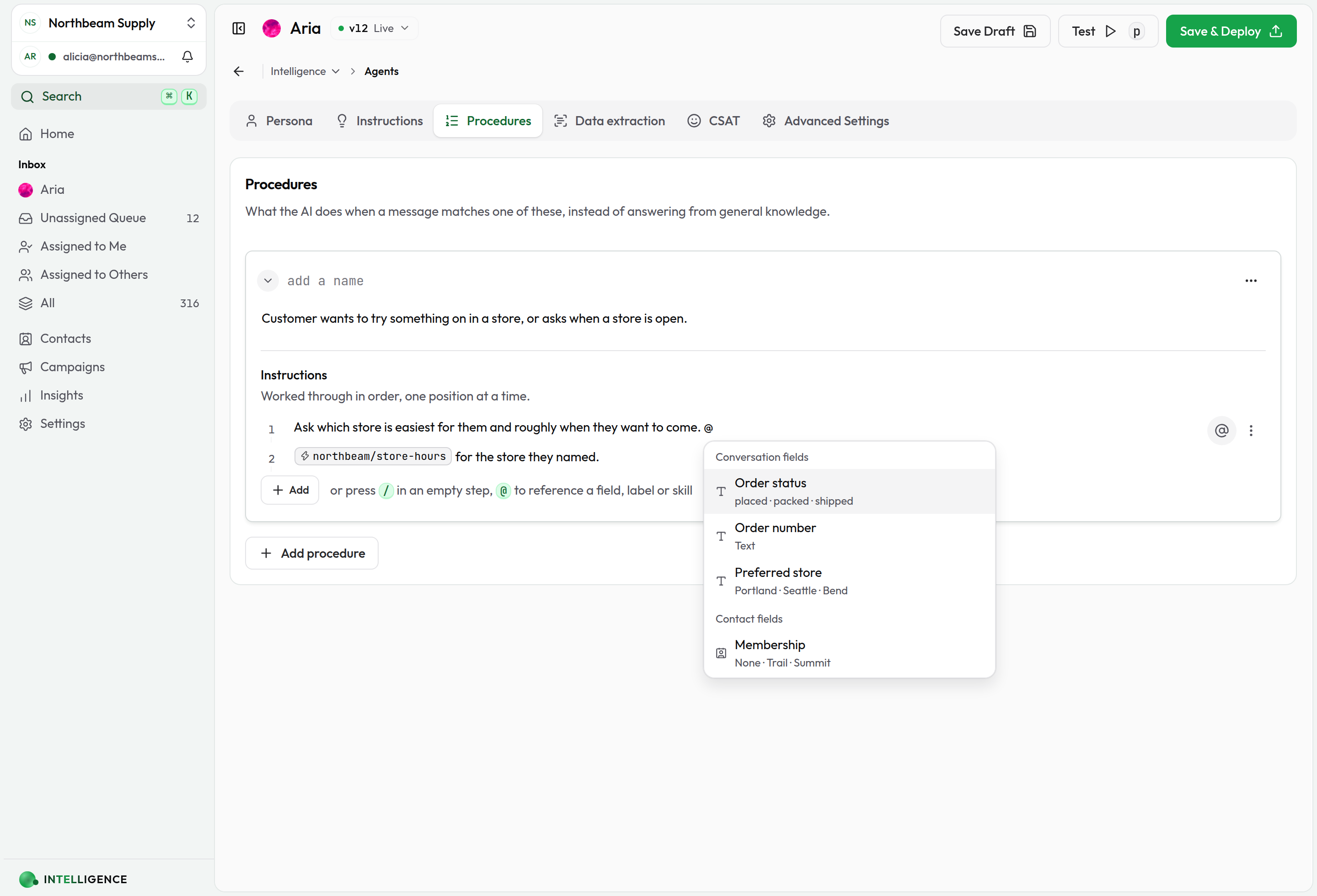 The @ picker open in a step, listing the conversation's own custom fields first