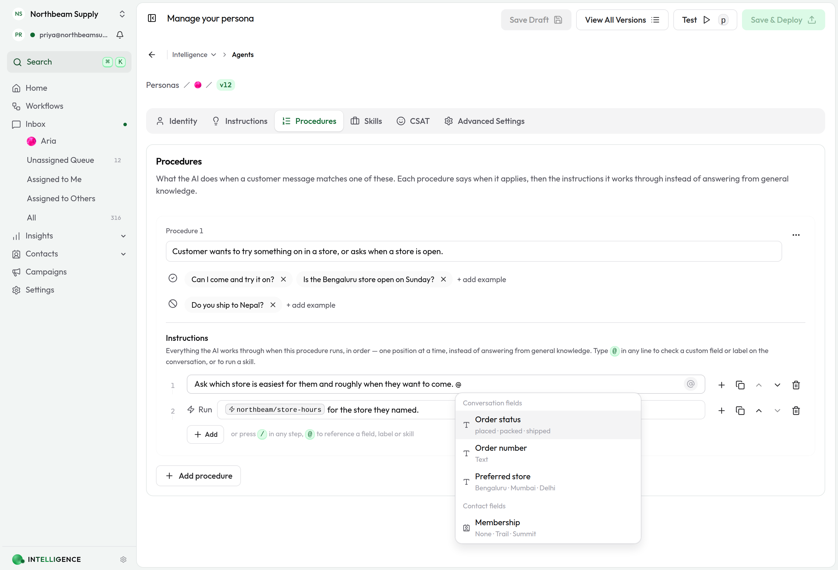 The @ picker open in a step, listing the conversation's own custom fields first