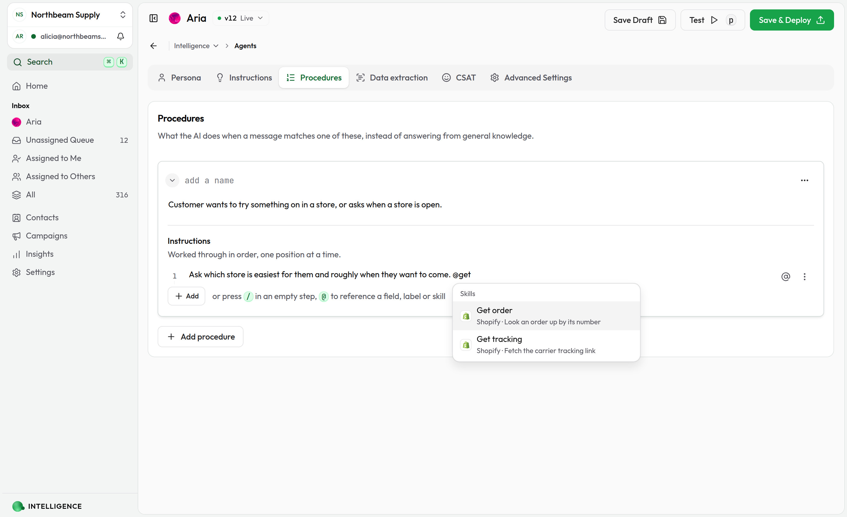 Typing @get in a step, narrowing the picker to the two skills the installed Shopify skill set provides