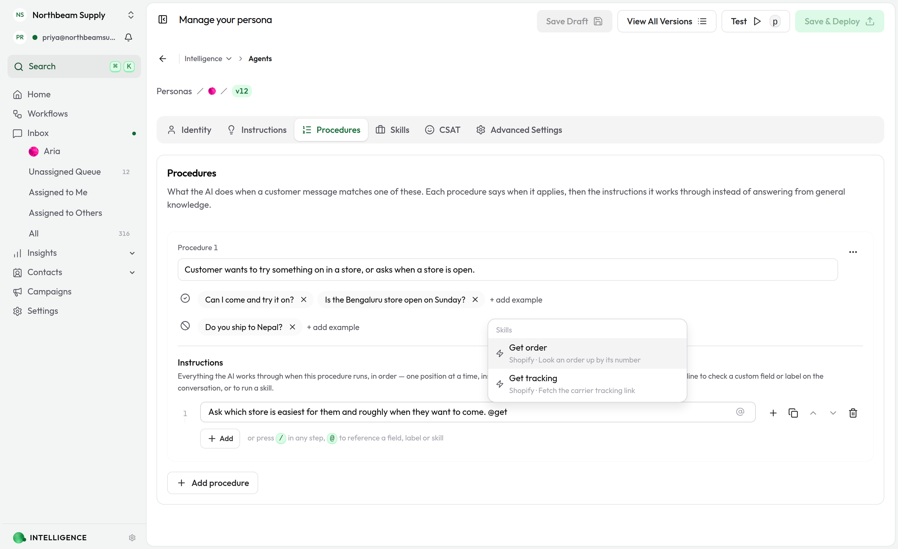 Typing @get in a step, narrowing the picker to the two skills the installed Shopify skill set provides