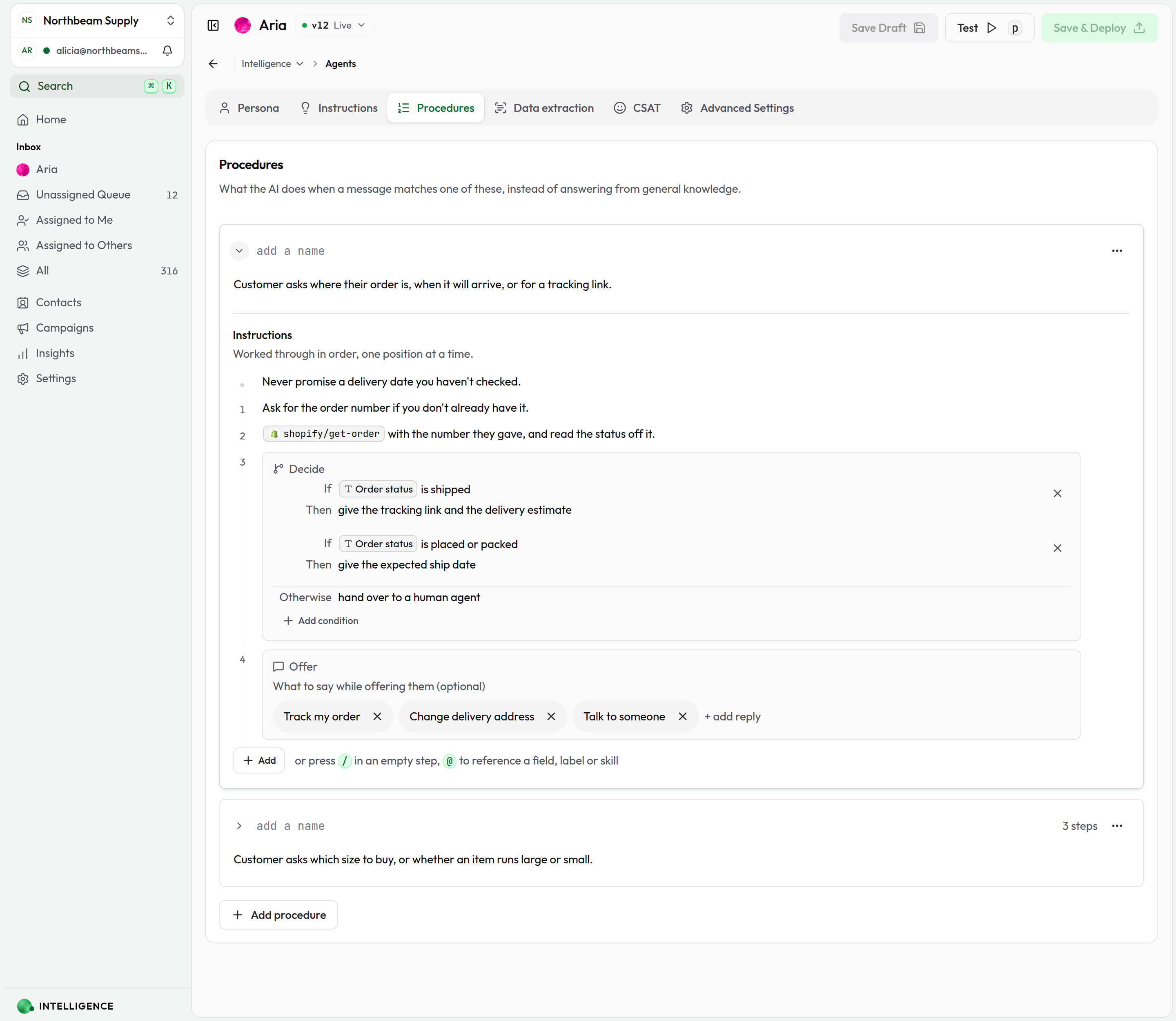 The Procedures tab with an order-tracking procedure open: its description and the ordered instruction underneath
