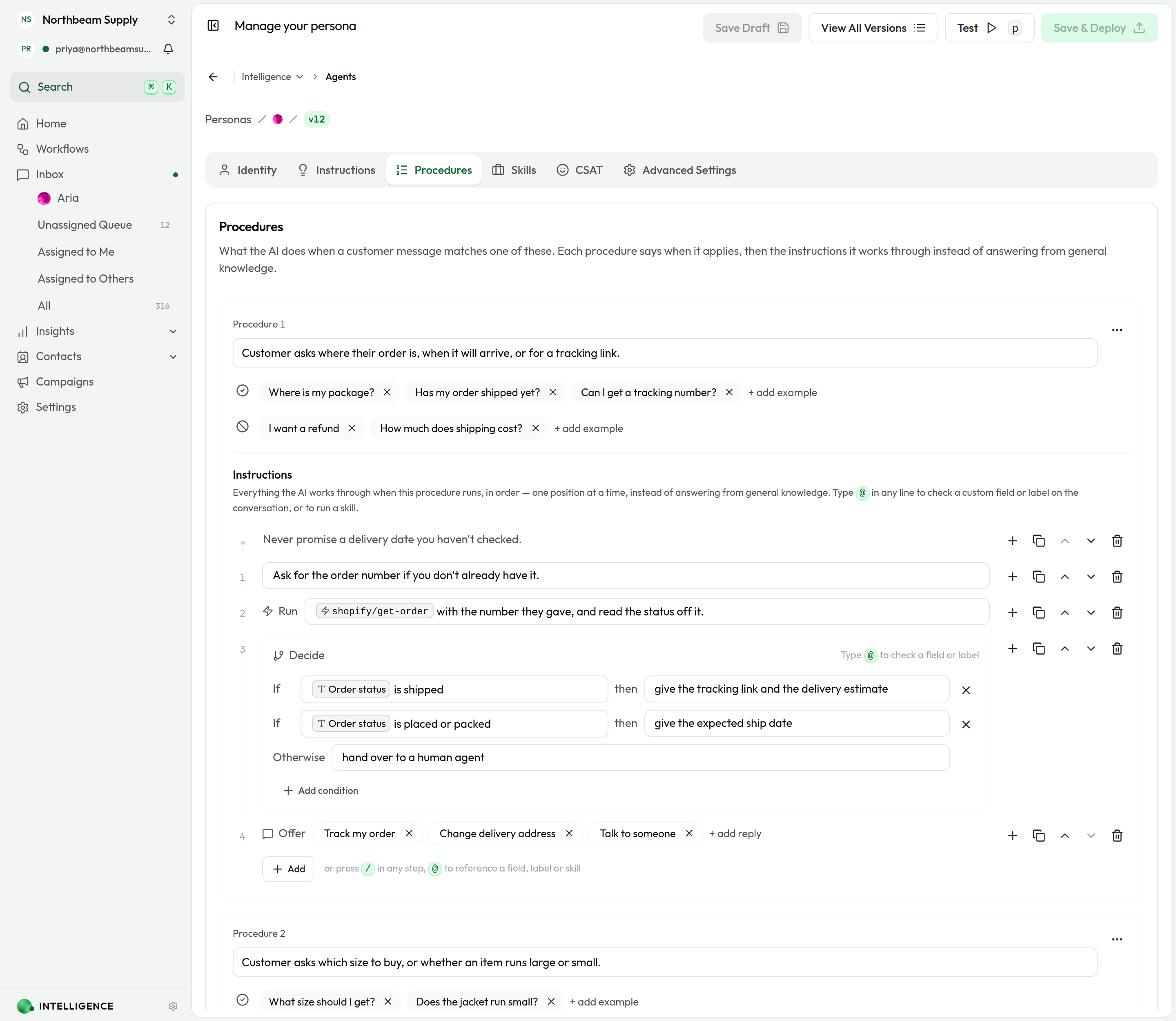 The Procedures tab with an order-tracking procedure open: its description, the example messages it matches on, and the ordered instruction underneath