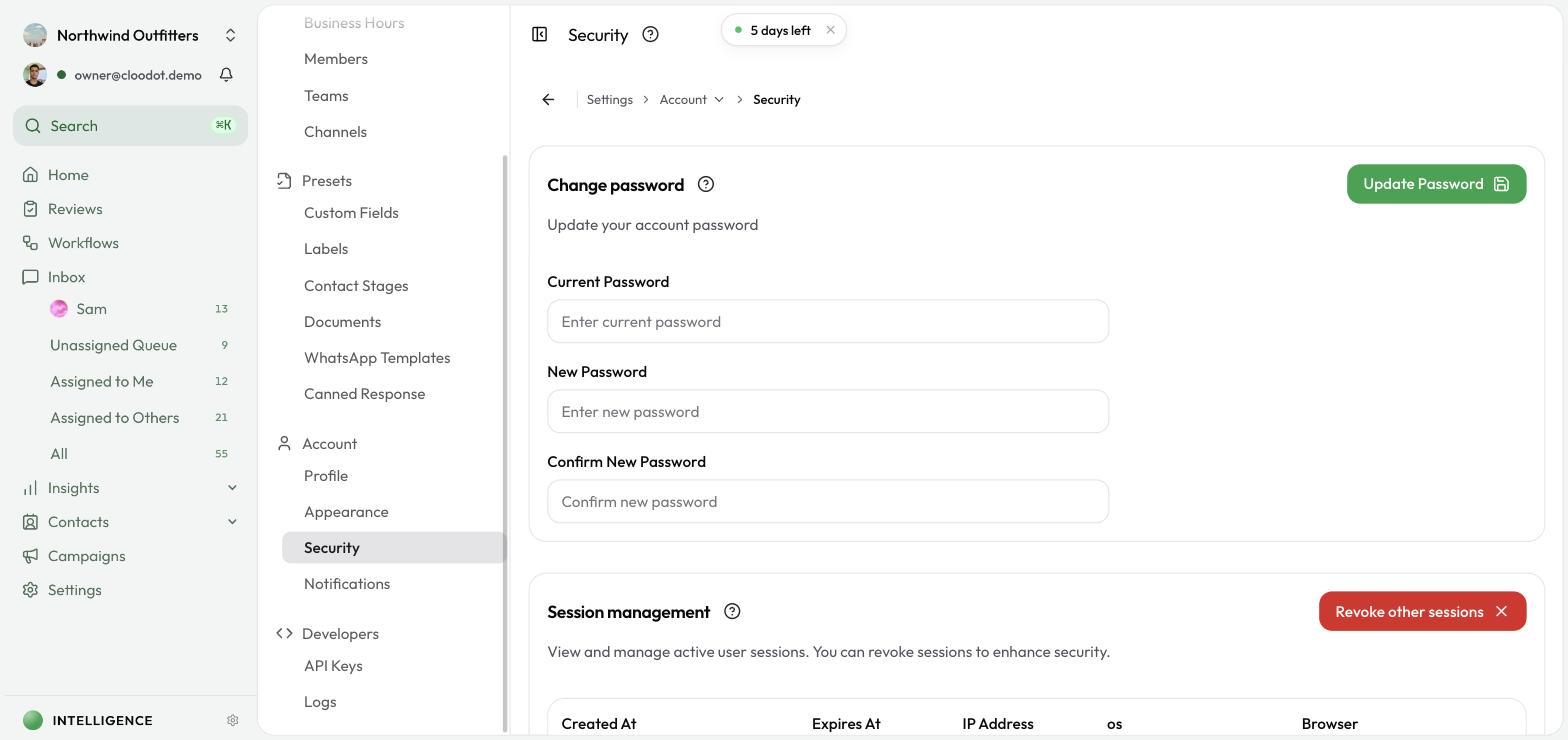 Security settings showing change password form and active session management
