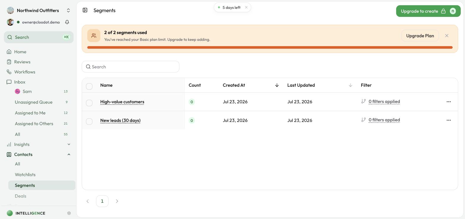 The Segments list table showing saved segments in the workspace