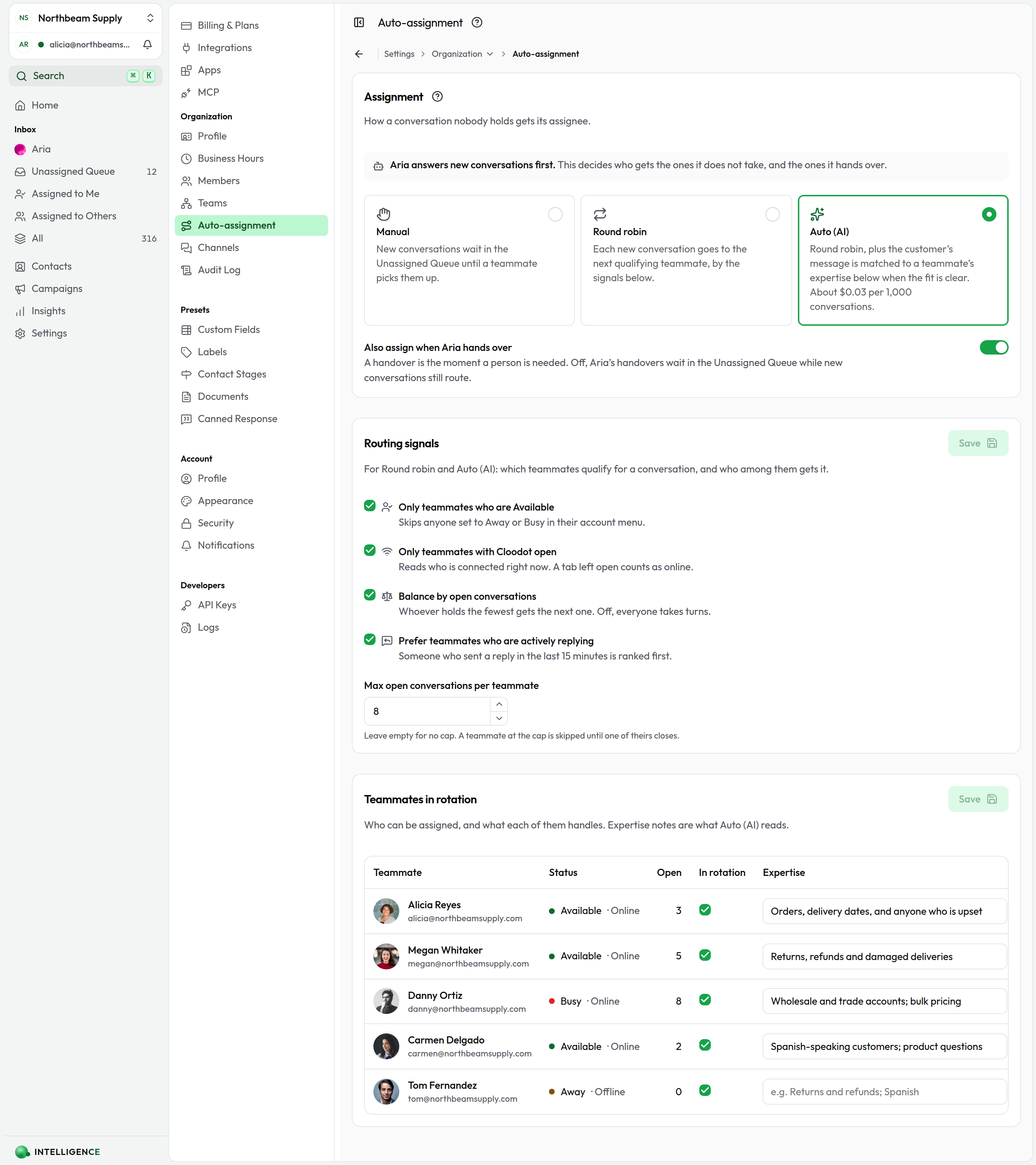 The Auto-assignment page: the mode cards, the routing signals, and the teammates in rotation with their status, open conversations and expertise
