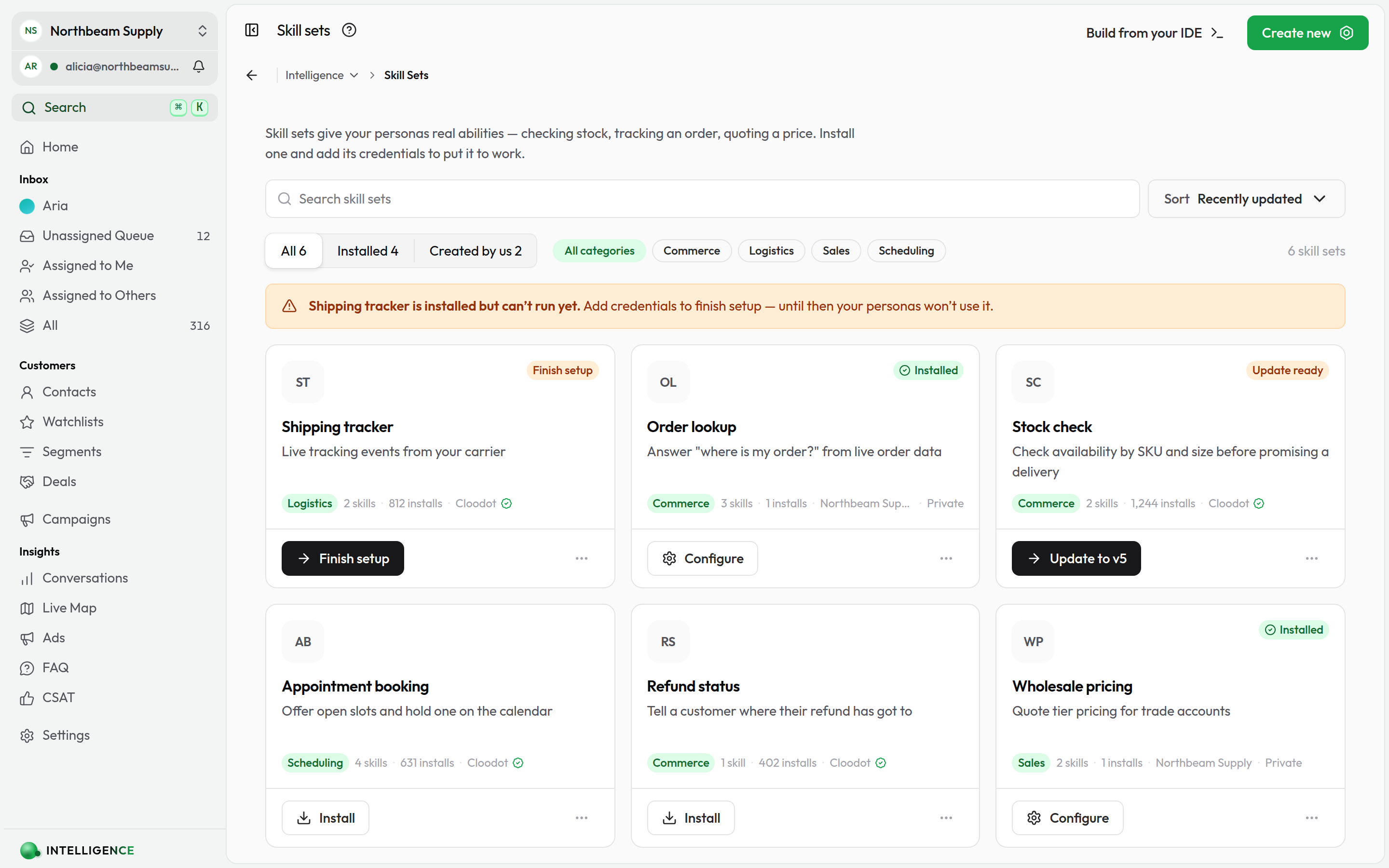 The Skill sets library showing installed, update-ready, and available skill sets, with one waiting on credentials