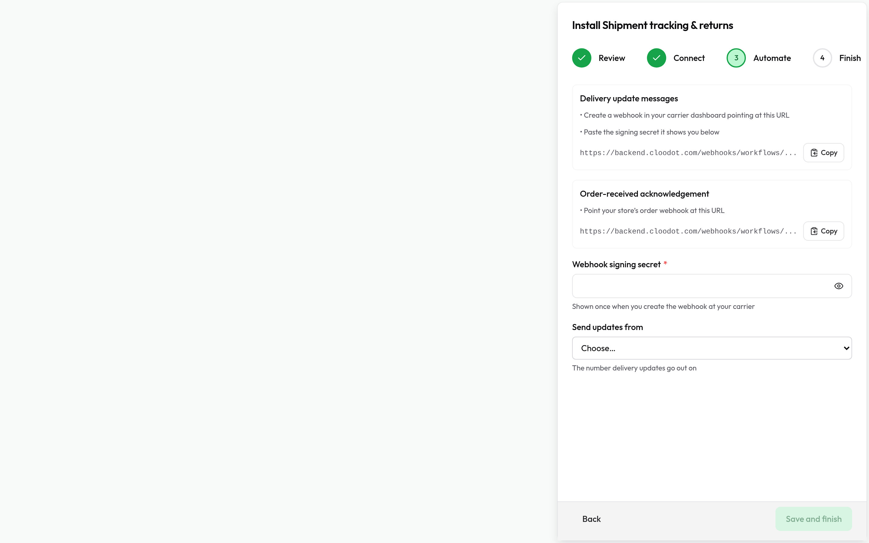 The install wizard's Automate step: setup steps, copyable webhook URLs, signing secret, and channel picker