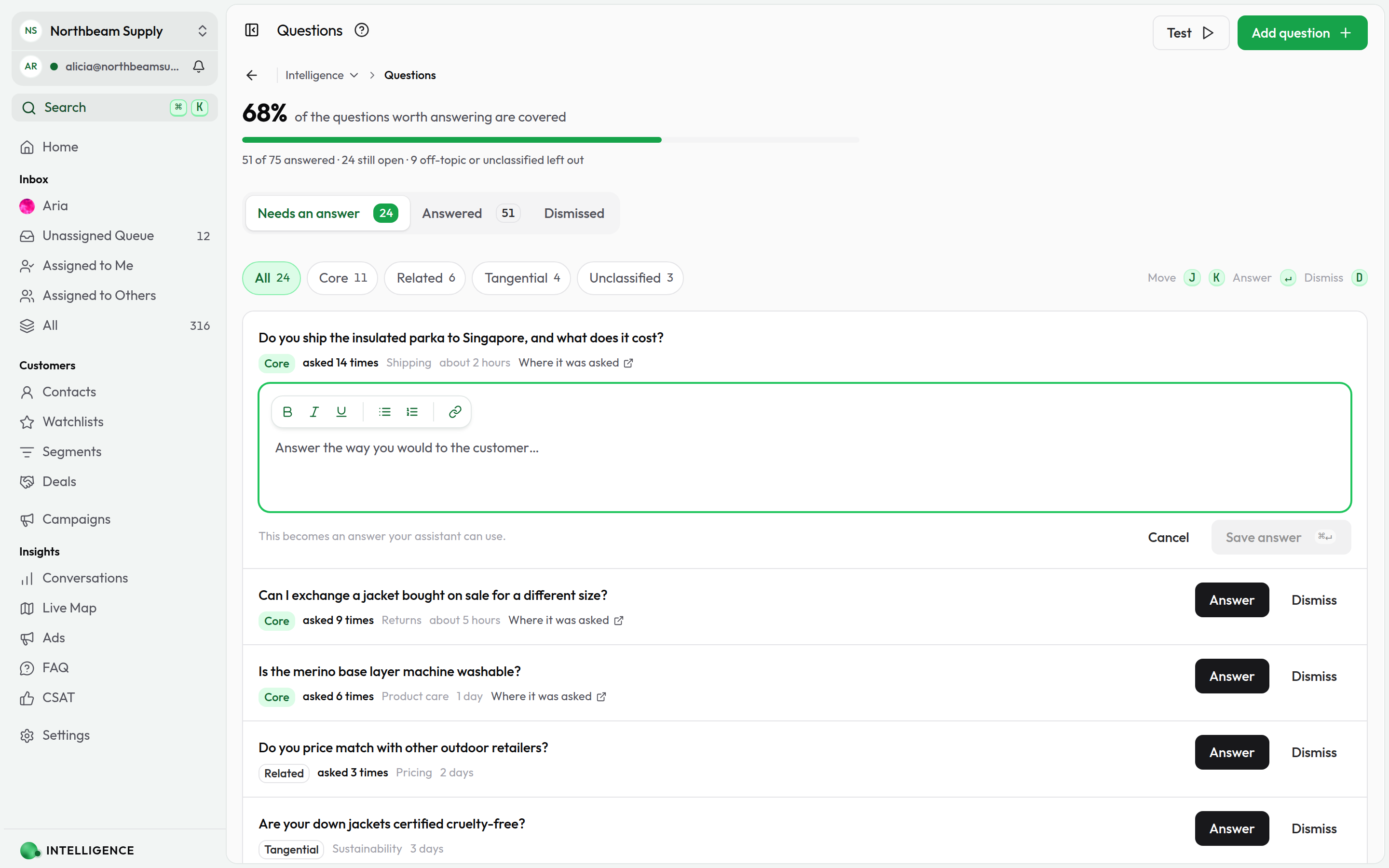 The Unanswered tab showing customer questions the agent could not answer, with an answer composer open on the first row