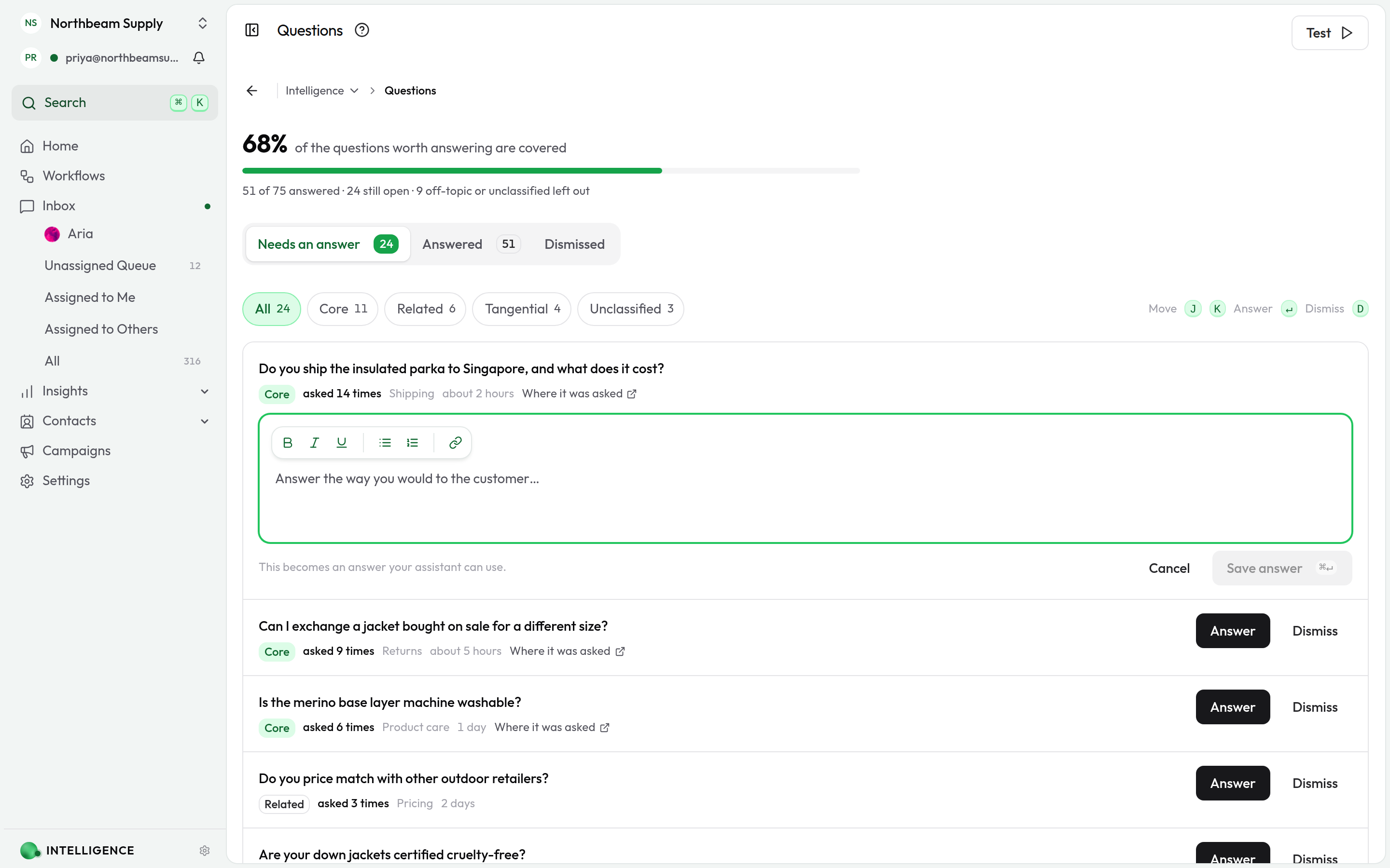 The Unanswered tab showing customer questions the agent could not answer, with an answer composer open on the first row