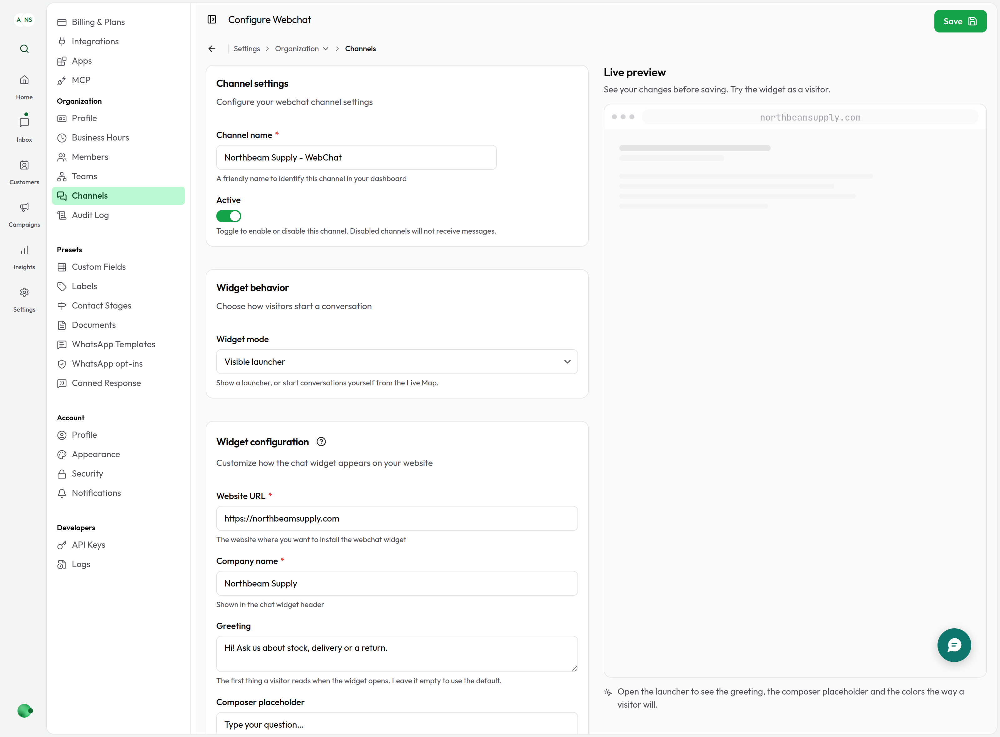 The WebChat channel settings page: the widget fields on the left, and the live widget preview beside them