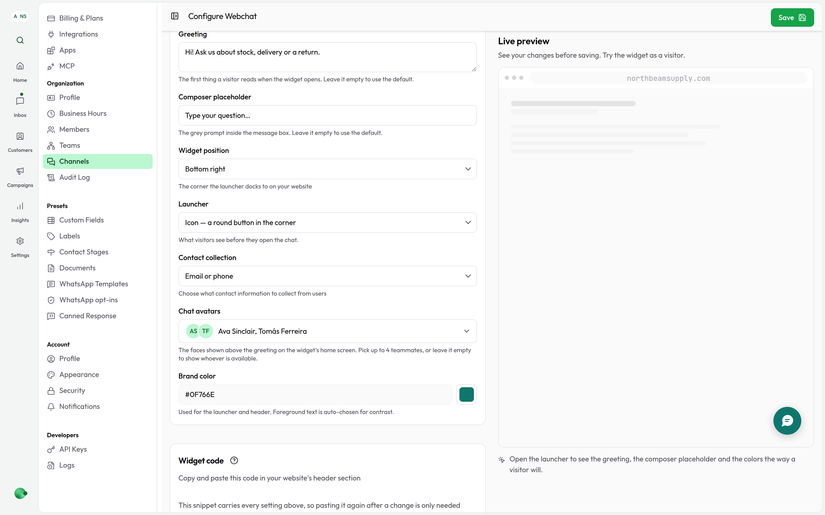 The settings page scrolled down, with the live preview pinned beside the fields at full height