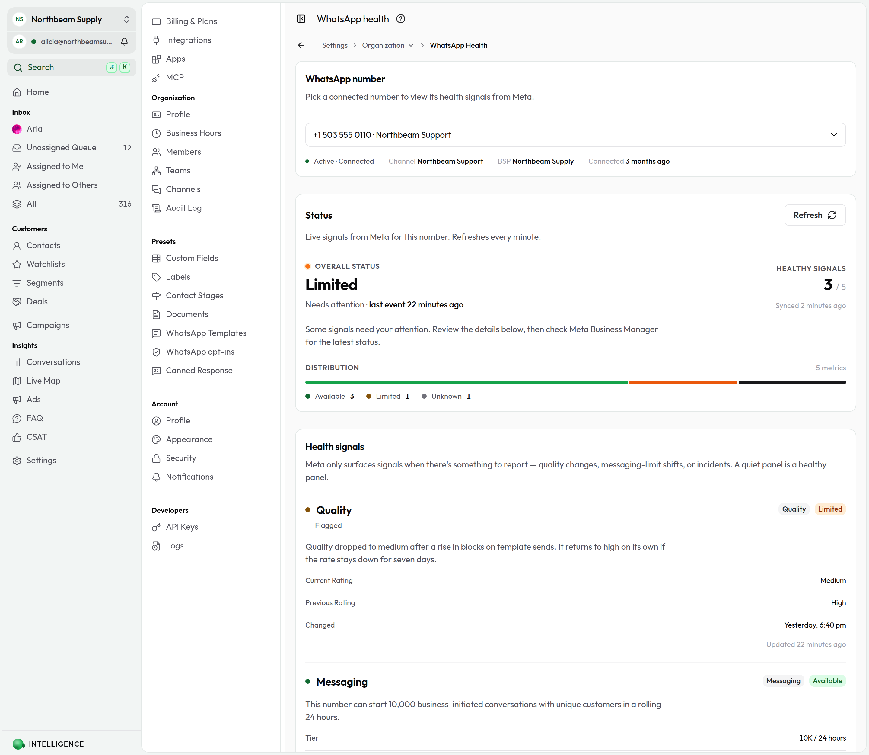 The WhatsApp Health page showing the number selector, the status summary, and the signals Meta reported