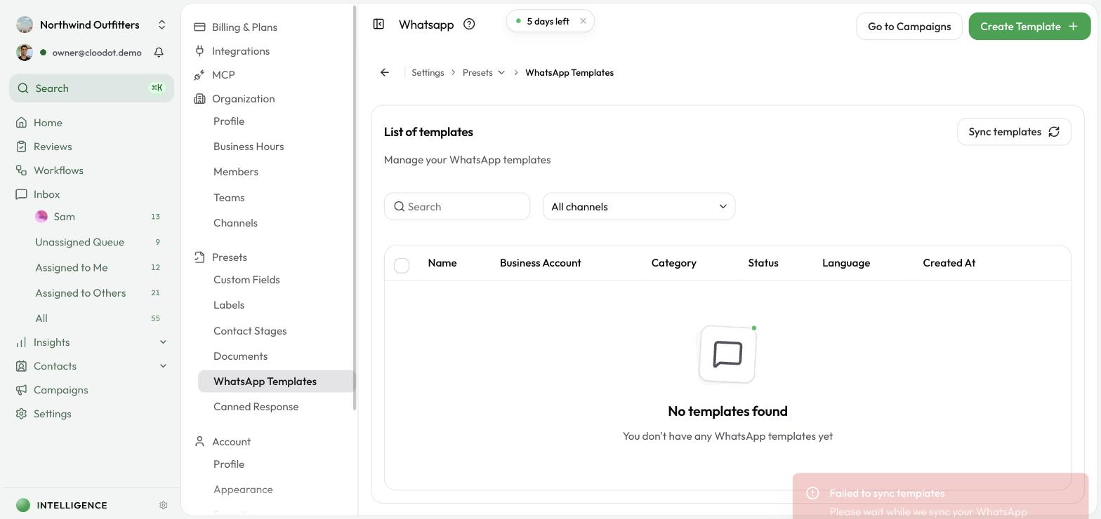 The WhatsApp Settings page showing a list of message templates