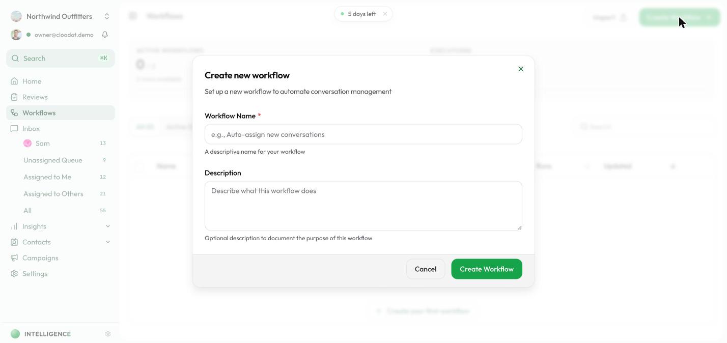 The Create workflow modal with the template gallery
