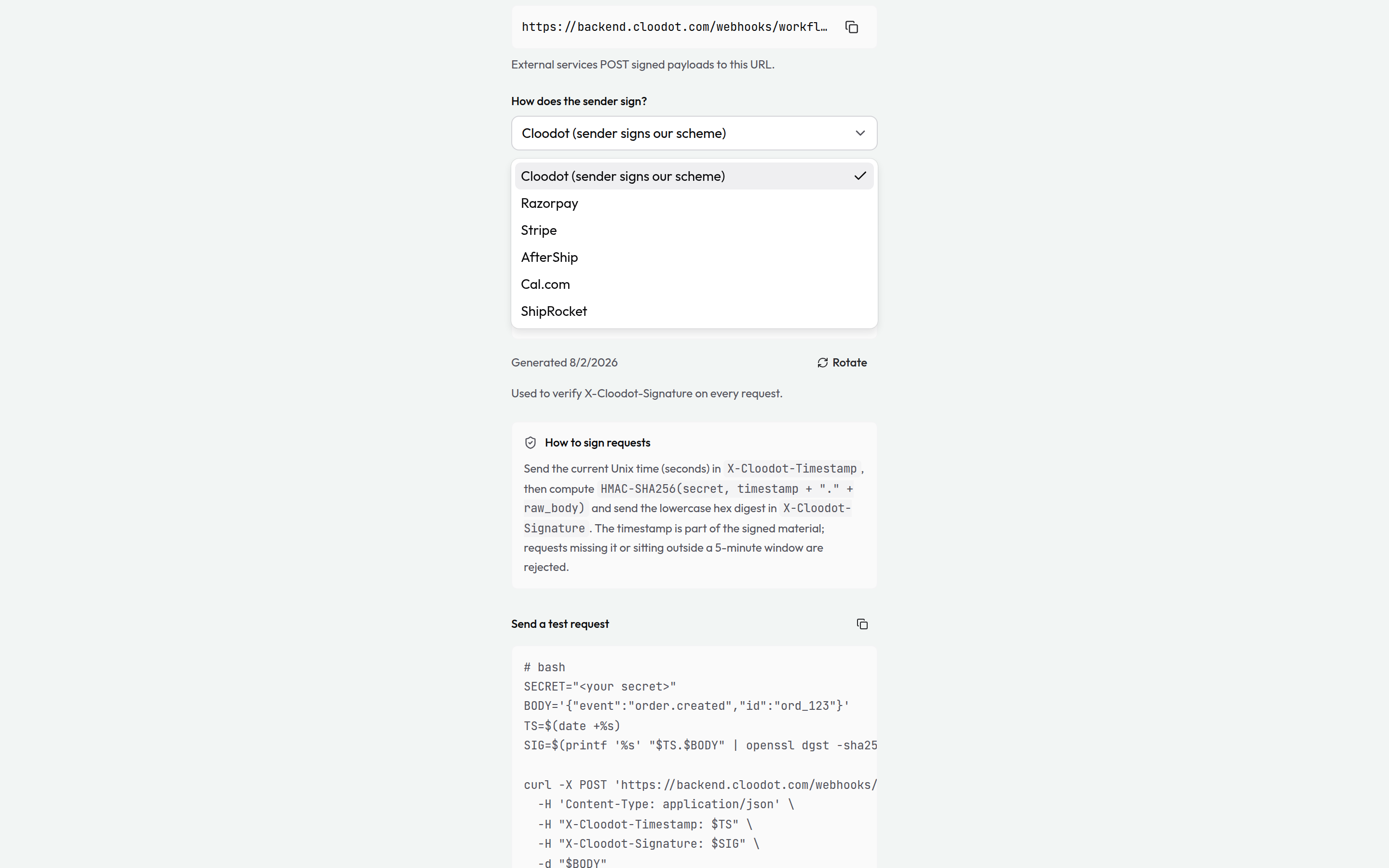 The sender-scheme picker open, listing the Cloodot scheme and the provider presets